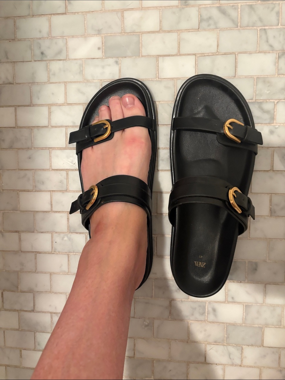 Zara Black Double-Buckle Slide Sandals with Gold Buckles. Worn 1 time only.